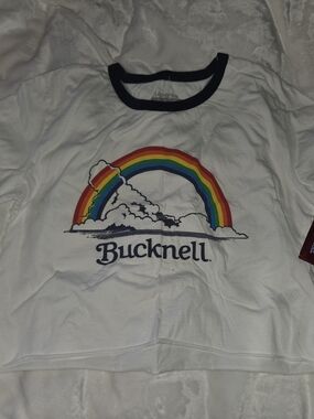 Blue 84 White Short-Sleeve Ringer Tee with Rainbow Bucknell Graphic